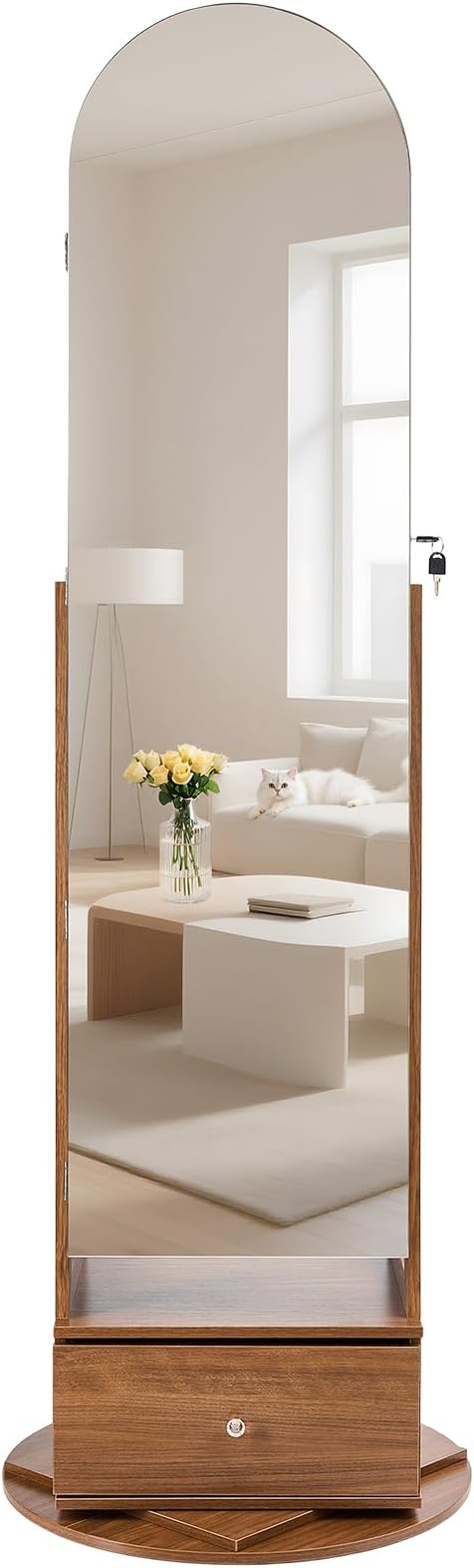 VEVOR 360° Swivel Jewelry Cabinet, 65.1-inch Tall, Full-Length Mirror with Storage, Standing Rotatable Jewelry Armoire Organizer, Lockable with 2 Keys, Accessory Pouches, Storage Shelves and Drawer