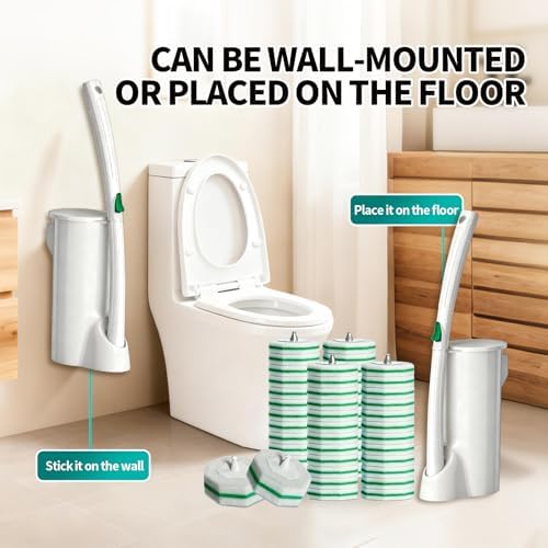 Disposable Toilet Brush, Toilet Bowl Cleaning System with 48 Count Wand Refills, Clean Brush Starter Kit with 1 Wand, 1 Storage Caddy and 1 wall Sticker (White)