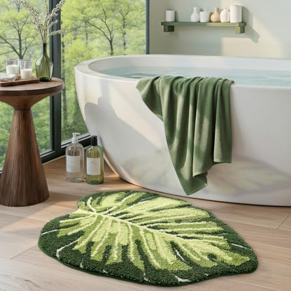 DEXI Cute Bath Mat, Green Leaf Monstera Bathroom Rugs 47x31.5