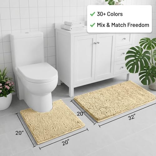Bathroom Rugs Sets 2 Piece,Super Absorbent Chenille Bath Mats and U-Shaped Toilet Rug,Strong PVC Non Slip Backing,Microfiber Washable Dry Quickly Bath Mats for Bathroom(20"x32"+20"x20"U, Camel)
