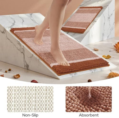 HOMEIDEAS Burnt Orange Bathroom Rugs Set, Chenille, 20"x32"+17"x24"