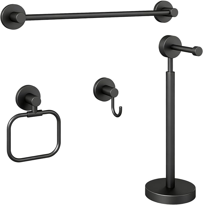 4-Piece Bathroom Set with Privot Toilet Paper Holder | All-in-One Wall Mounted Hardware Combo, Matte Black