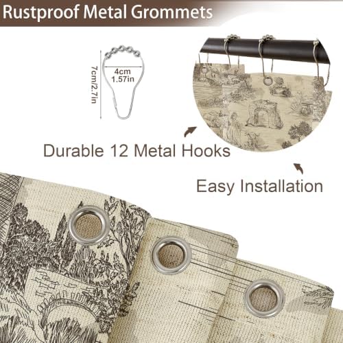 ORTIGIA Ruffle Linen Shower Curtain with Metal Hooks 72x72 Inch, Taupe Brown Toile de Jouy for Vintage French Country Waterproof Bathroom Decor Chateau Toile Pattern