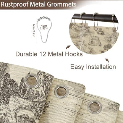 ORTIGIA Ruffle Linen Shower Curtain with Metal Hooks 72x72 Inch, Taupe Brown Toile de Jouy for Vintage French Country Waterproof Bathroom Decor Chateau Toile Pattern