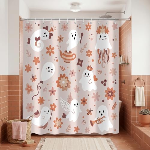 Cute Ghost Shower Curtain, 72 x 72 Inch Waterproof Polyester Bathroom Curtain with 12 Plastic Hooks, Pink Floral Halloween Bath Curtain for Tub Shower Decor