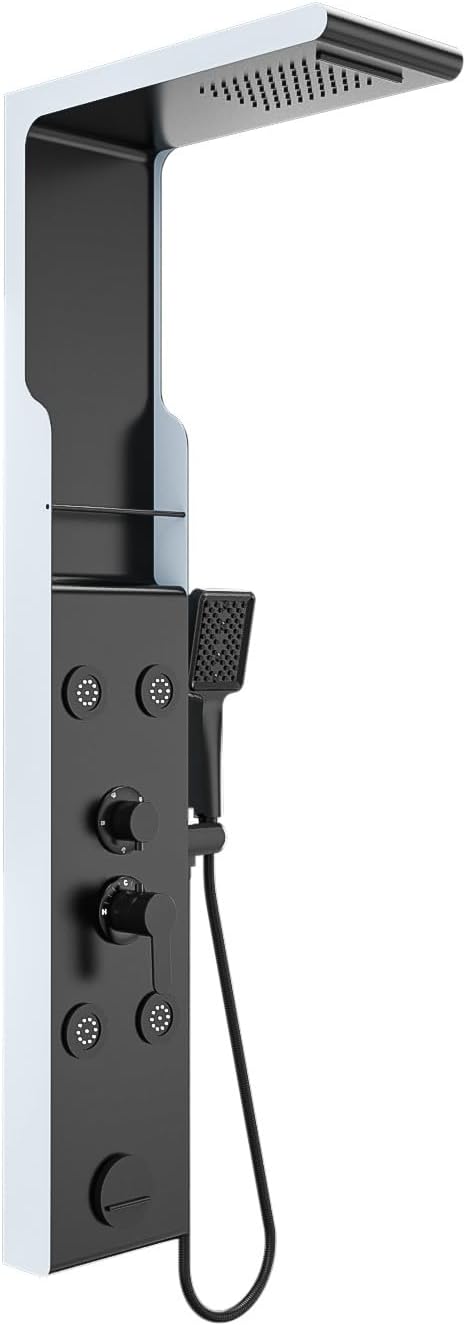 ELLO&ALLO Shower Panel Tower System with Shelf, Rainfall Shower Head and Rain Massage System with Body Jets, Stainless Steel Bathroom Fixtures, Matte Black&Slive