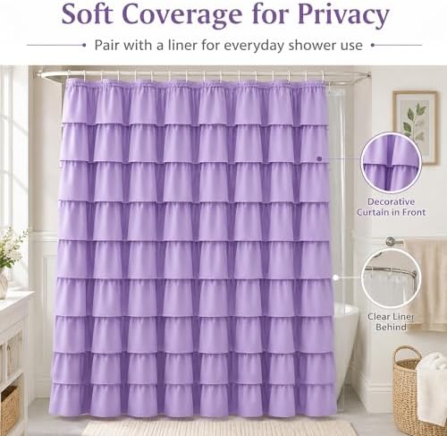 Purple Ruffle Shower Curtain for Bathroom, 72 x 72 inch, 1 Panel