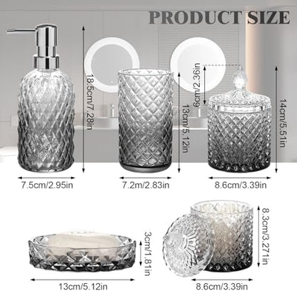 Bathroom Accessories Set, 5Pcs Bathroom Soap Dispenser Set, Glass Bathroom Accessories with Glass Soap Dispenser, Soap Dish, Toothbrush Holder, Tumbler, Qtip Holder