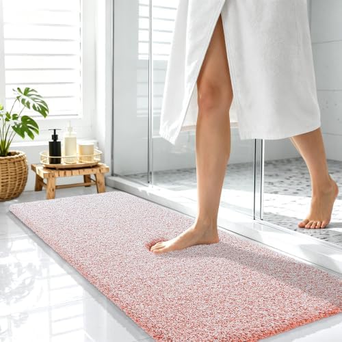 OLANLY Microfiber Bathroom Rugs 47x17, Quick Dry Bath Mat, Coral and White