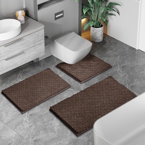 Bath Rug Set 3 Piece Luxury Chenille Extra Soft and Absorbent Shaggy Bathroom Mat Rugs, Machine Washable, Non-Slip Plush Carpet Runner for Tub, Shower, (Brown) Home Decor Bathroom Accessories