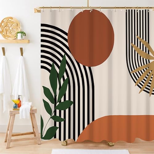 Mid Century Boho Shower Curtain, Abstract Minimalist Sunrise Fabric Shower Curtain Set Orange Waterproof Polyester Morden Abstract Leaves and Arch Bathroom Curtain Set with Hooks, 72x72 Inch