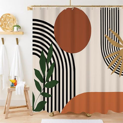 Mid Century Boho Shower Curtain, Abstract Minimalist Sunrise Fabric Shower Curtain Set Orange Waterproof Polyester Morden Abstract Leaves and Arch Bathroom Curtain Set with Hooks, 72x78 Inch