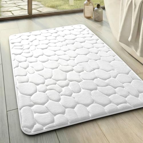 YIHOUSE Memory Foam Bath Mat Cobblestone Bathroom Rugs Super Water Absorbent Bath Mats for Bathroom Machine Washable Bath Rugs(17 x 24,White)