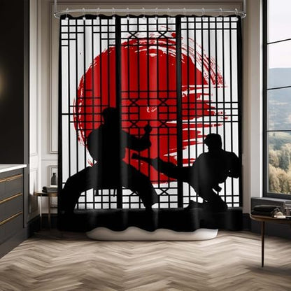 Japanese Shower Curtain Japan Anime Asian Black and Red Shower Curtains for Mens Bathroom Decor Sets, Waterproof Cloth Fabric with Hooks, 70x72 Inch