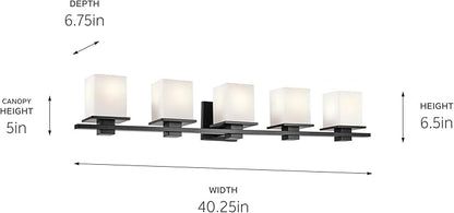 Tully 40.25" 5-Light Vanity Light with Satin Etched Cased Opal Glass in Black for Over a Vanity, Soft Modern Style, (40.25" x 6.5" x 7"), 45193BK