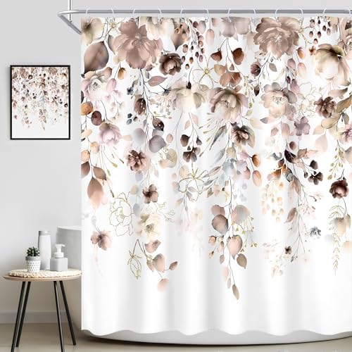 Brown Floral Autumn Fall Tan Watercolor Bathroom Shower Curtain Set
