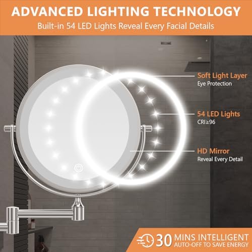 Auxmir 1X/30X Wall Mounted Makeup Mirror, 8" Rechargeable Magnifying Mirror