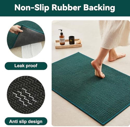 Triohero Bathroom Rugs Non Slip Washable, Super Absorbent Thin Bath Mat Quick Dry Low Pile Bathroom Rug, Dark Green 24"x47"