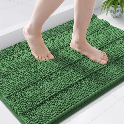 Grandaily Chenille Striped Bathroom Rugs 44x24, Extra Thick and Soft Absorbent Bath Mats, Rubber Backing, Plush Shaggy Shower Carpet, Machine Wash Dry, Bath Rug for Bathroom, Olive Green