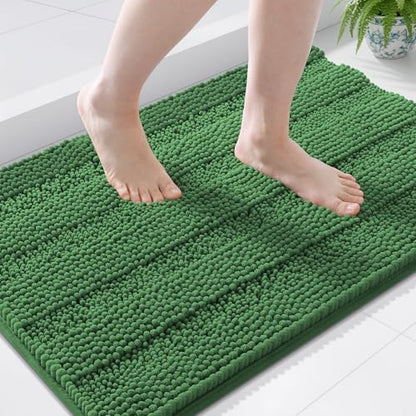 Grandaily Chenille Striped Bathroom Rugs 44x24, Extra Thick and Soft Absorbent Bath Mats, Rubber Backing, Plush Shaggy Shower Carpet, Machine Wash Dry, Bath Rug for Bathroom, Olive Green