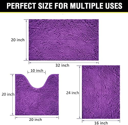 Bathroom Rugs Chenille 3-Piece Extra Soft and Absorbent Shag Bathroom Rugs, Machine Wash Mat, Strong PVC Non-Slip Underside, Plush Carpet Mats (Violet)