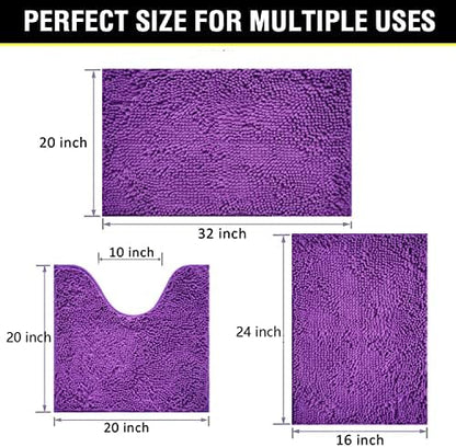 Bathroom Rugs Chenille 3-Piece Extra Soft and Absorbent Shag Bathroom Rugs, Machine Wash Mat, Strong PVC Non-Slip Underside, Plush Carpet Mats (Violet)