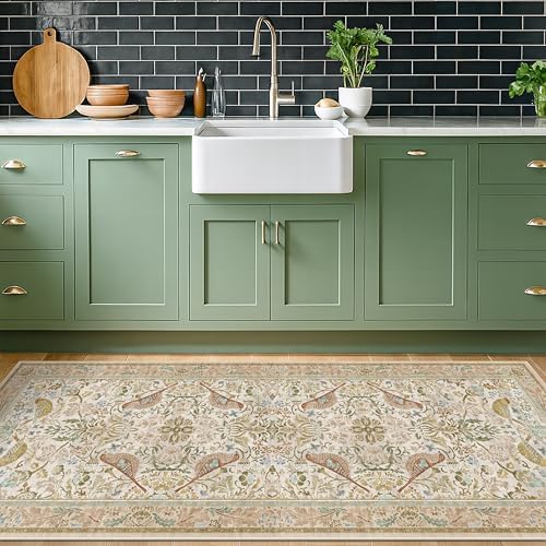 Hazo Haus Boho Bathroom Runner Rug 2x5 - Floral & Bird Runner Rug for Kitchen Floor, Hallway, Laundry Room, Bedroom, Entrance, Beige Neutral Vintage Decor, Washable Non Slip Low Pile