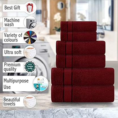 6 Piece Bath Towel Set, 2 Bath, 2 Hand, 2 Washcloths, Burgundy