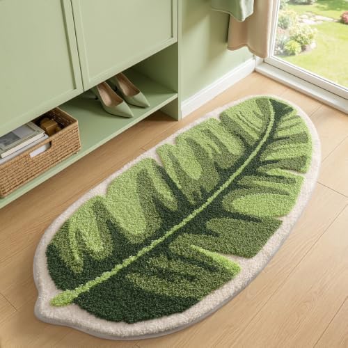 LUMI Cute Bathroom Rug Green Leaf, Absorbent Non Slip Bath Mat, 24"x48"