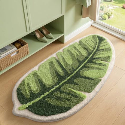 LUMI Cute Bathroom Rug Green Leaf, Absorbent Non Slip Bath Mat, 24"x48"