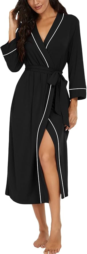 PrinStory Robes for Women 3/4 Sleeve Long Bath Robe XS-4XL | V-Neck Knit Bathrobe with Pockets, Lightweight, Soft, Breathable Robes for Shower, Spa, Travel, Home, Party, Nursing