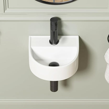 Wall Hung Bathroom Vessel Sink, QISHKA 12.5" X 11.5" Semi-Oval Floating Ceramic Wash Hand Basin White Wall Mount Vanity Sink for Small Bathroom and Small Cloakroom