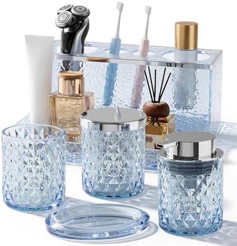 Glass Bathroom Accessories Set 5Pcs Crystal Blue - Foaming Soap Dispenser, Soap Dish, Cup, Acrylic Toothbrush Holder with Tray Organizer, Cotton Swab Jar, Bathroom Counter Set Sink Decor