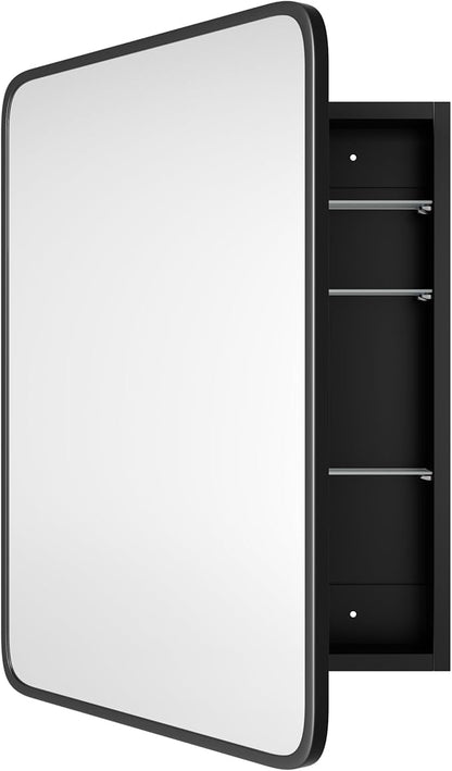 Bathroom Wood Black Cabinet with 20''x30'' Black Metal Frame Curved Mirror, Recessed Medicine Cabinet, Bathroom Storage Cabinet