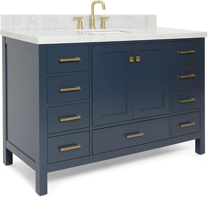 ARIEL Cambridge 54-inch Bathroom Vanity with Sink,Solid Wood, 1.5-inch Italian Carrara Marble Countertop, Single Rectangular Porcelain Sink, 2 Soft Closing Doors, 9 Dovetail Drawers, Midnight Blue