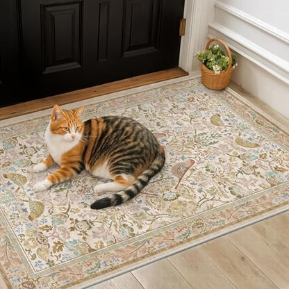 Large Entryway Rugs Indoor - Beige 3x5 Washable Rugs for Kitchen Bedroom Beside Bed Door Mat Indoor Entrance with Light Beige Woodland Flowers, Non Slip Stain Resistant Low Pile