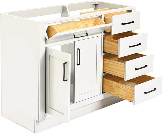 ARIEL Hepburn 42-inch Bathroom Vanity Base Cabinet,Solid Wood, 2 Soft Closing Doors, 5 Dovetail Drawers, White