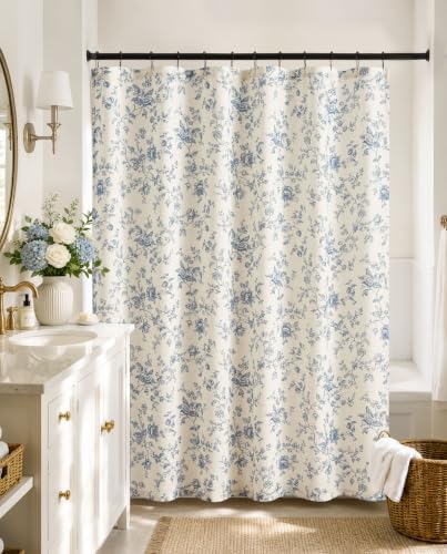 jinchan Linen Shower Curtain for Bathroom with 12 Hooks, Blue, 70x72