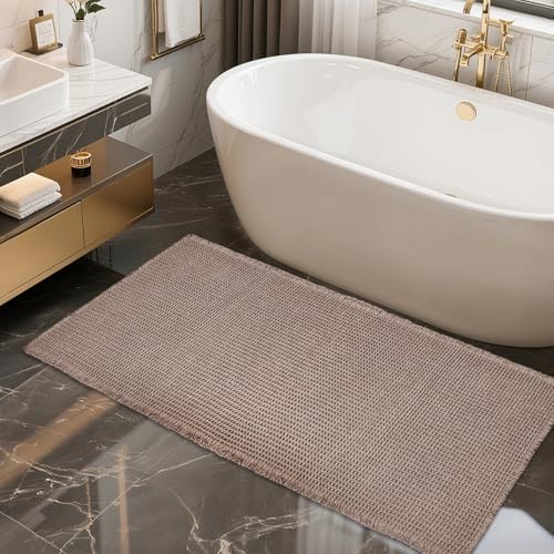 ZALL Tan Waffle Bath Mat,Super Absorbent Non Slip Bathroom Rug,Brown 24x48inch,Machine Washable Ultra Soft Floor Mats