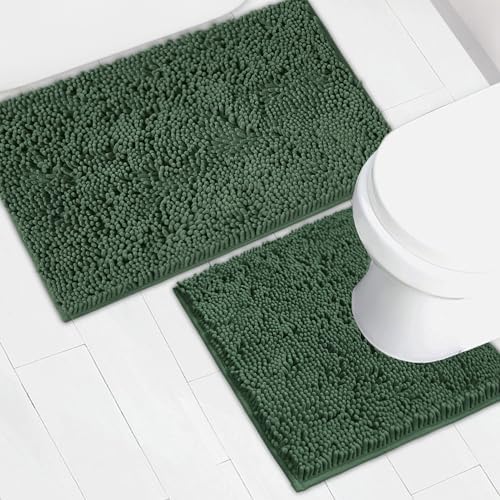Bathroom Rugs Chenille Bath mat 2 Piece Set, Super Absorbent, Strong PVC Non Slip Backing, Bath mats for Bathroom, Plush Shaggy, Thick, Machine Washable, Bathtub, Toilet.(Bronze Green)