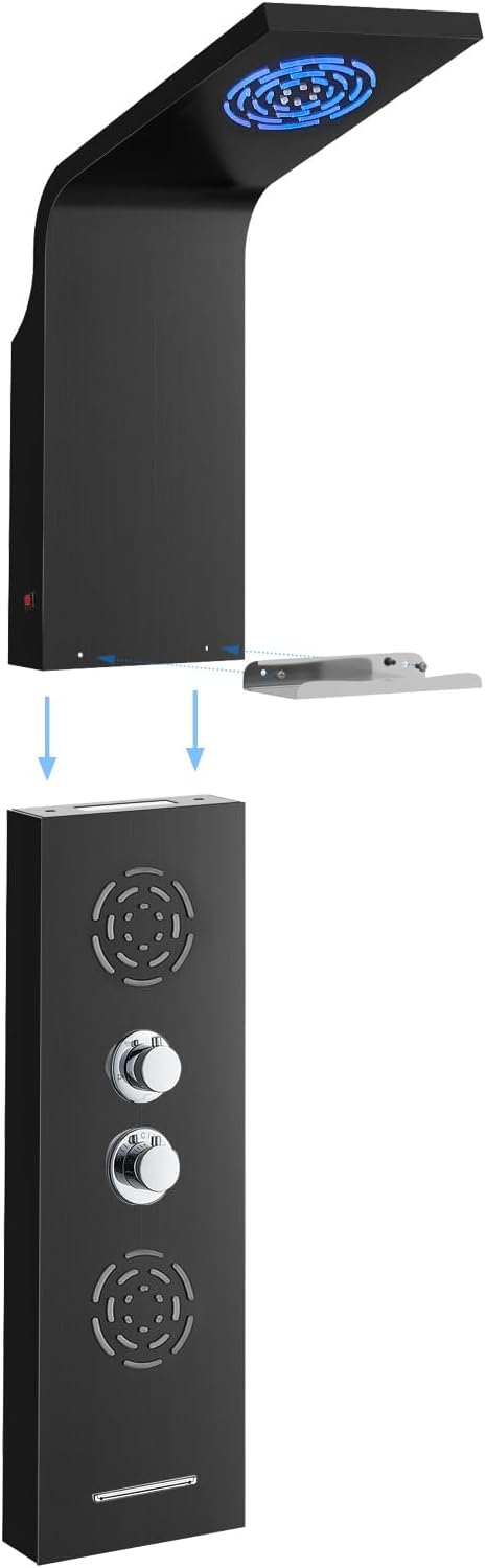 POPFLY LED Shower Panel Tower with Shelf, Mist & Rainfall Shower System | 304 Stainless Steel Shower Tower with 2 Body Massage Jets, Tub Spout, 3-Function Handheld Shower, Matte Black