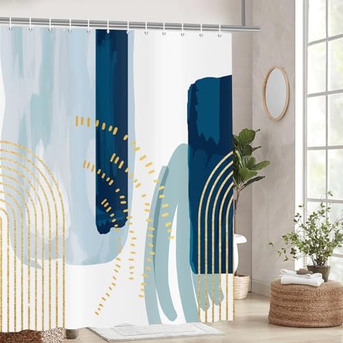 deFouliao Boho Shower Curtain, Mid Century Modern Blue Waterproof Shower Curtain for Bathroom Bathtub Home Curtain Decor with Hooks, 65Wx72L