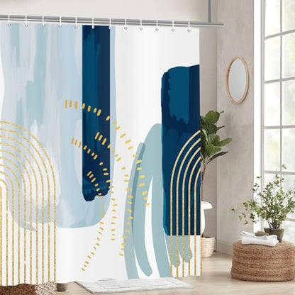 deFouliao Boho Shower Curtain, Mid Century Modern Blue Waterproof Shower Curtain for Bathroom Bathtub Home Curtain Decor with Hooks, 65Wx72L