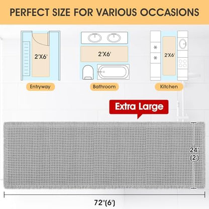 Large Waffle Bath Mat Light Grey 6'x2'(72" x 24"), Boho Woven Modern Bath Mat Rugs, Absorbent Non Slip Bathroom Rugs, Soft Washable Bath Rugs with Tassels for Bathroom, Bedroom, Kitchen, Shower, Tub