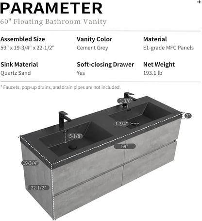 60" Floating Bathroom Vanity with Double Sink, Modern Wall-Mounted Bathroom Storage Vanity Cabinet with Two Black Quartz Sand Top Basins and Four Soft Close Drawers, Cement Grey