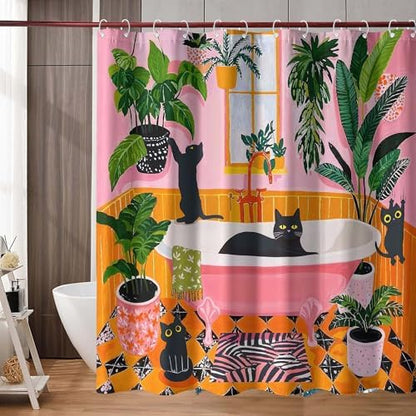 Funny Cat Shower Curtain Boho Cute Fun Black Cats Matisse Shower Curtains for Bathroom Kitten Green Tropical Plant Leaves Pink Orange Yellow Waterproof Fabric Bath Curtain Decor 72 X 84 Inches