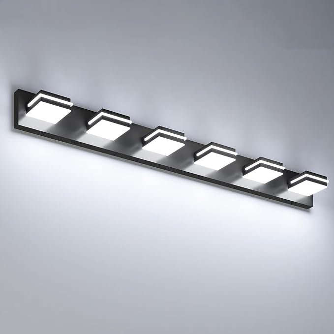VOLISUN Modern Bathroom Vanity Light Fixtures (6-Light, 48-Inch), Matte Black LED Bathroom Lighting Fixtures Over Mirror, 360°Rotatable Head, LED Vanity Lights for Bathroom (Cool White 6000K)