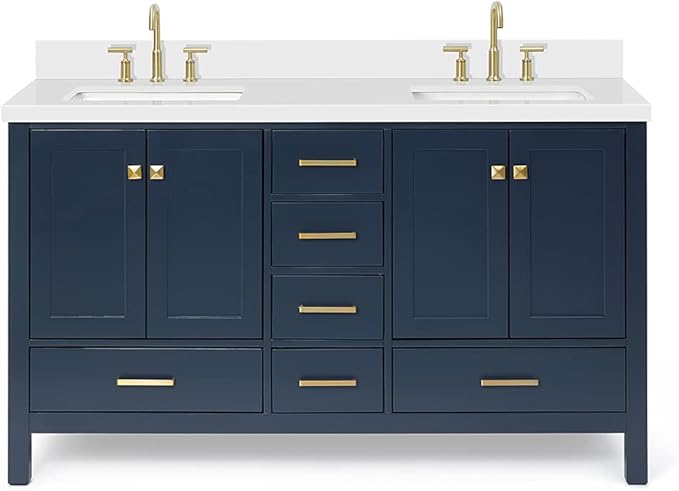 ARIEL Cambridge 60-inch Bathroom Vanity with Sink,Solid Wood, 1.5-inch Pure White Quartz Countertop, Double Rectangular Porcelain Sink, 4 Soft Closing Doors, 6 Dovetail Drawers, Midnight Blue