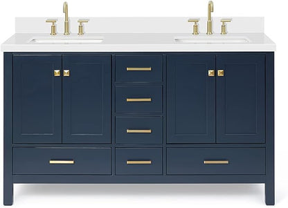 ARIEL Cambridge 60-inch Bathroom Vanity with Sink,Solid Wood, 1.5-inch Pure White Quartz Countertop, Double Rectangular Porcelain Sink, 4 Soft Closing Doors, 6 Dovetail Drawers, Midnight Blue