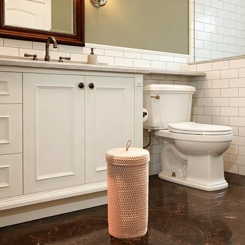 Toilet Paper Holder Handmade – Woven Cotton Toilet Paper Stand & Storage Basket with Lid, Freestanding Organizer for Bathroom, Fits 3 Mega Rolls Gradient Brown 14'' x 7''